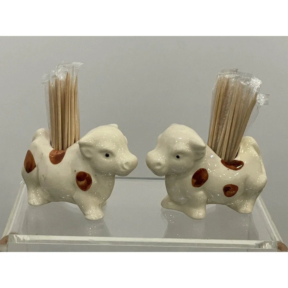 Cow Toothpick Holder Ceramic Vintage Set of 2 White Brown 3.25